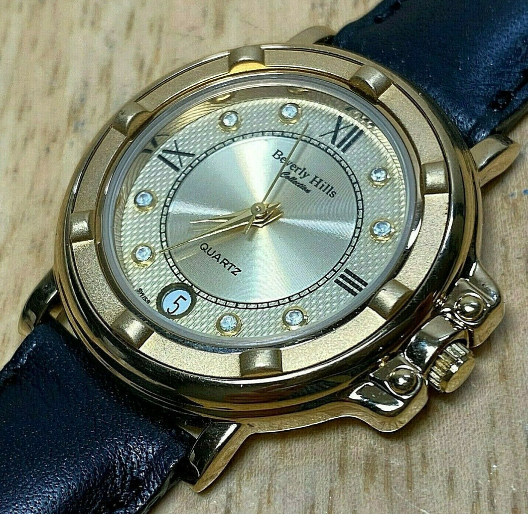 Beverly Hills Men Gold Tone Swiss Movt Analog Quartz Watch Hour~Date~New Battery