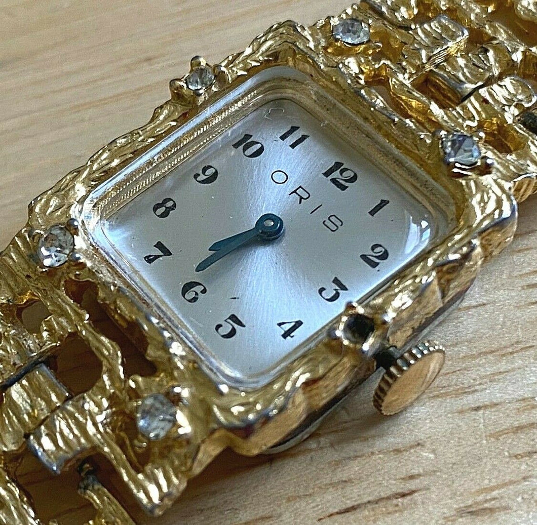 VTG ORIS Lady Gold Tone Large Crystals Square Hand-Wind Mechanical Watch Hours