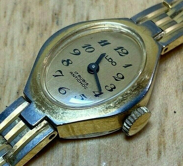 Vintage ALDO Lady Gold Tone 17 Jewels Barrel Hand-Wind Mechanical Watch Hours
