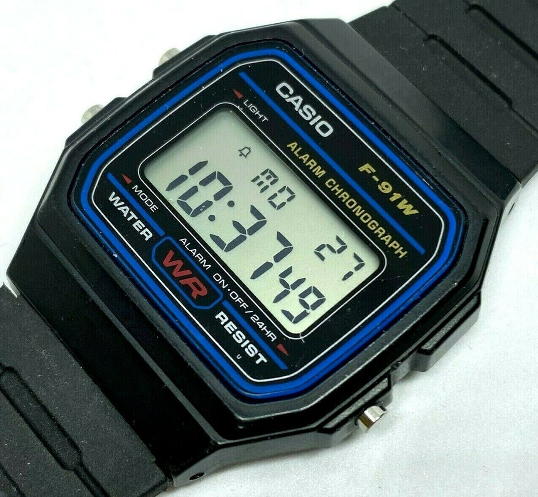 Casio F-91W Mens Black LCD Digital Alarm Chrono Quartz Watch Hours~New Battery