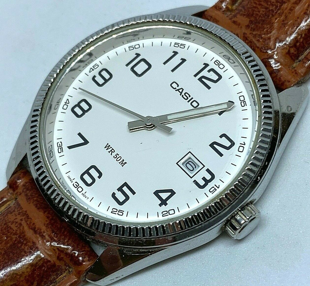 Casio MTP-1302 Men 30m Silver Leather Analog Quartz Watch Hours~Date~New Battery