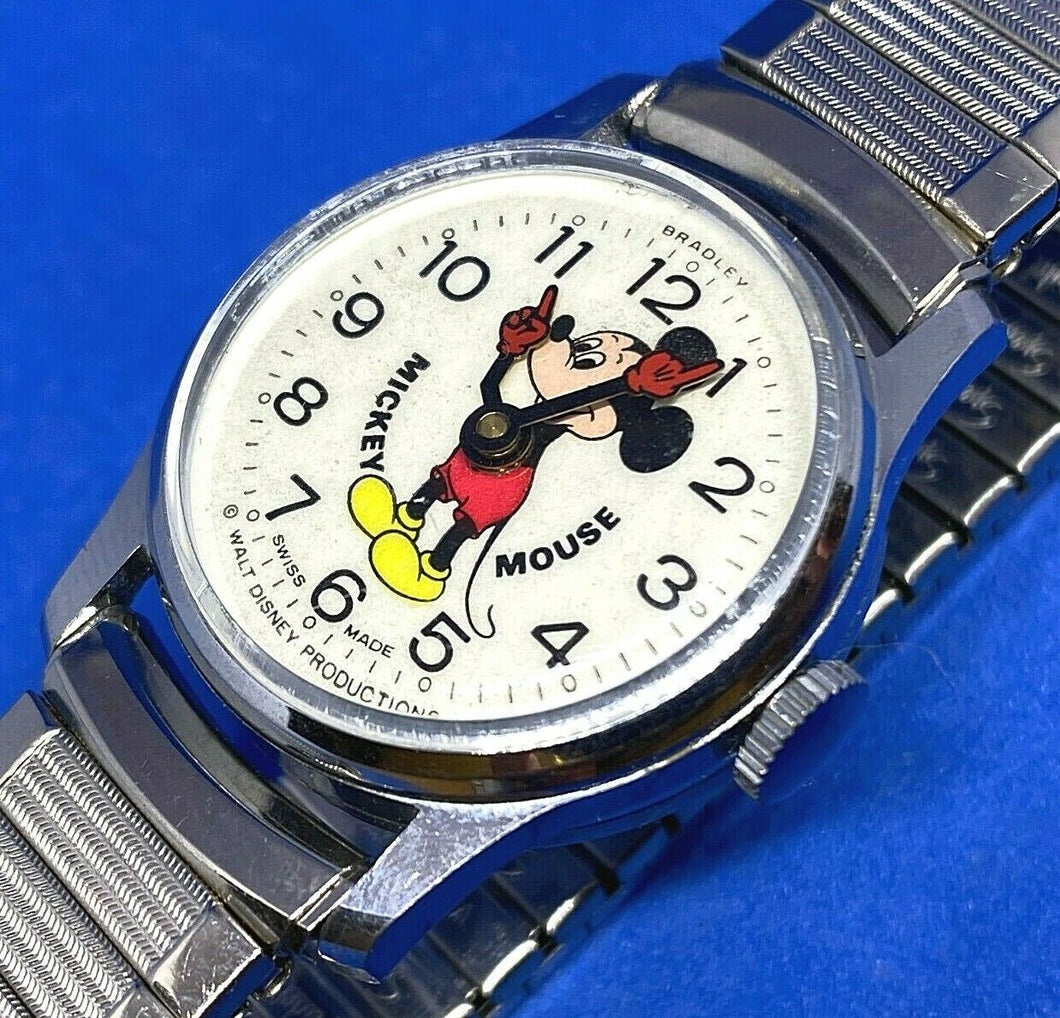 Vintage Disney Mickey Bradley 29mm Swiss Silver Hand-Wind Mechanical Watch Hours