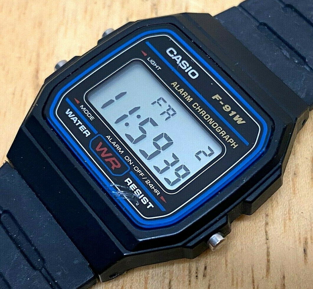 Vintage Casio F-91W Men Black Digital Alarm Chrono Quartz Watch Hour~New Battery