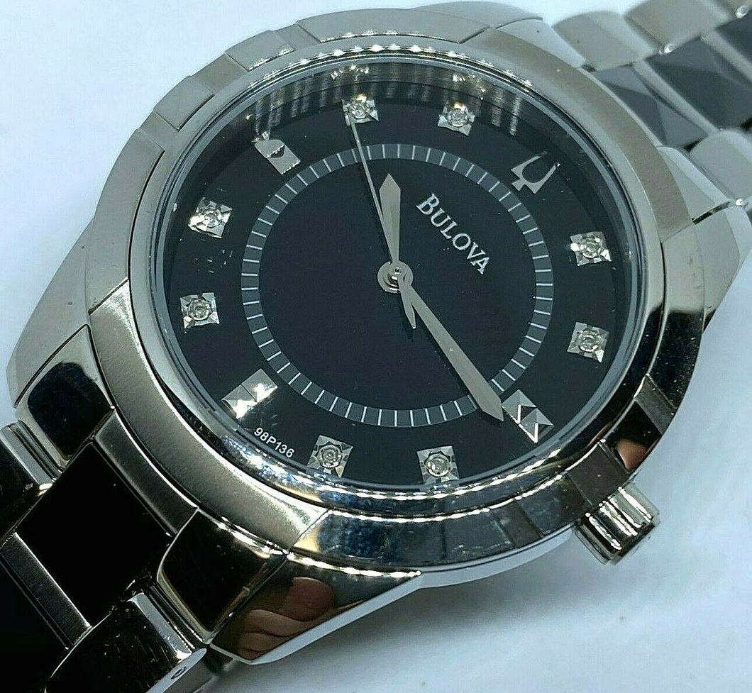 Unused Bulova 98P136 Men 8 Real Diamonds Silver Black Quartz Watch Hour~New Batt