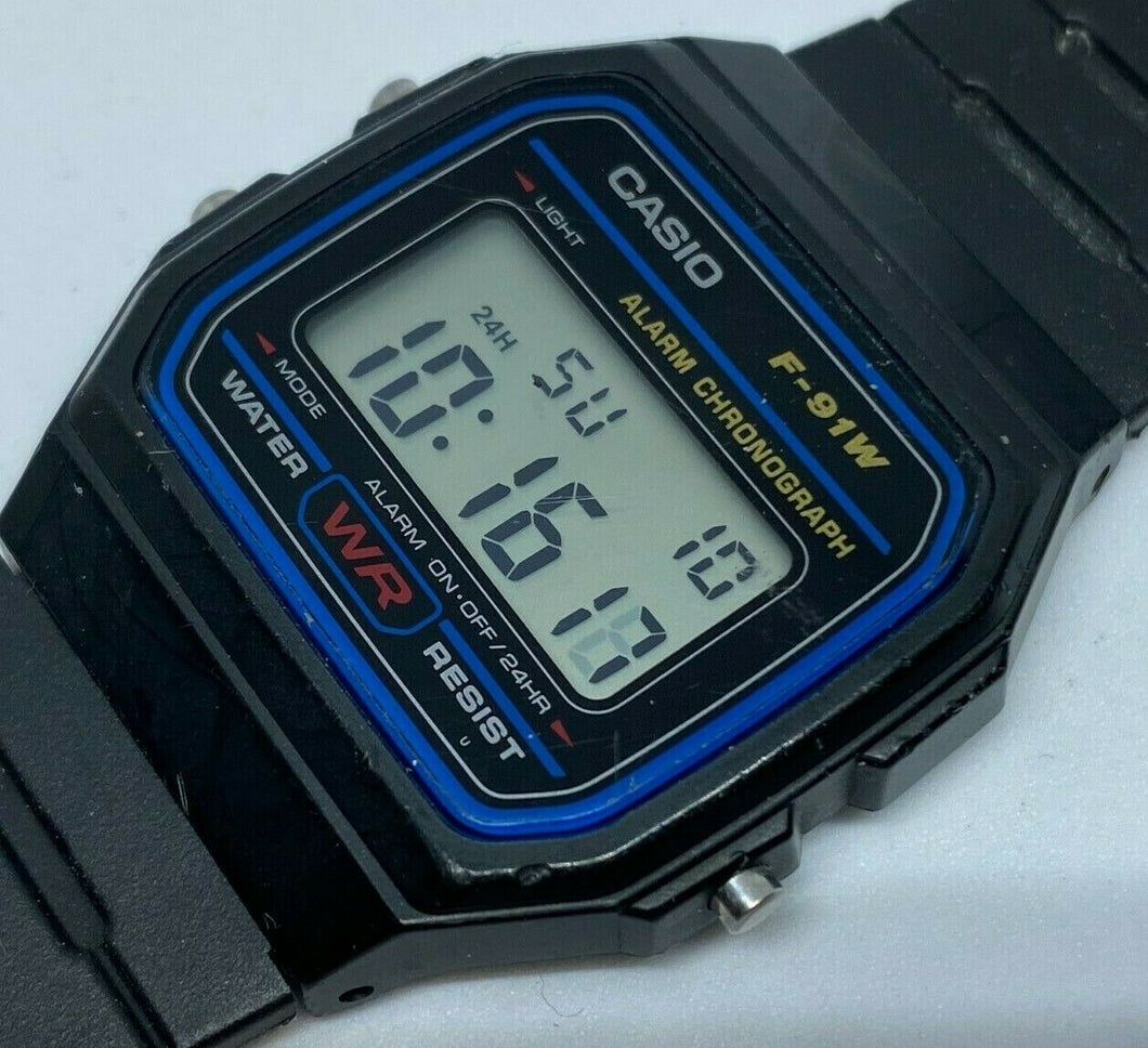 Casio F-91W Mens Black LCD Digital Alarm Chrono Quartz Watch Hours~New Battery