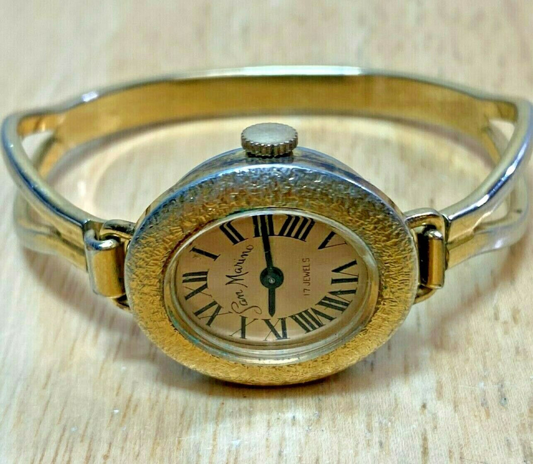 Vintage San Mauno Lady Gold Tone Cuff Bangle Hand-Wind Mechanical Watch Hours