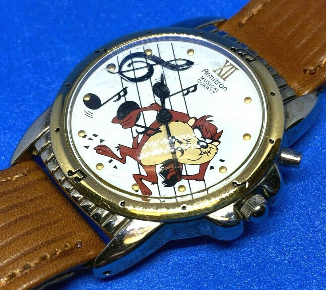 VTG Armitron TAZMANIAN DEVIL Leather Analog Quartz Musical Watch Hour~New Batter