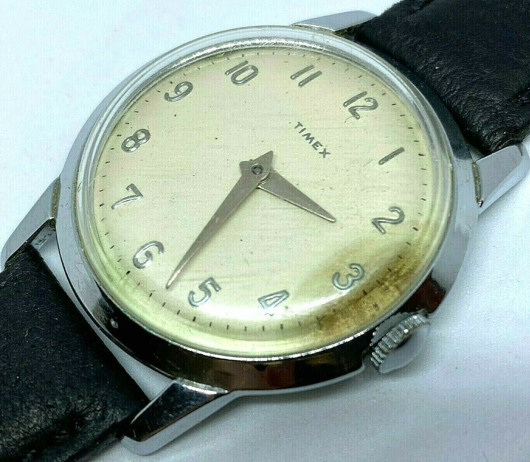 Early Vintage Timex Men Silver Leather Slim Thin Hand-Wind Mechanical Watch Hour