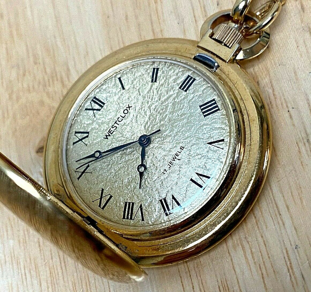 Vintage Westclox 17J Gold Tone Half Hunter Hand-Wind Pendant Pocket Watch Hours