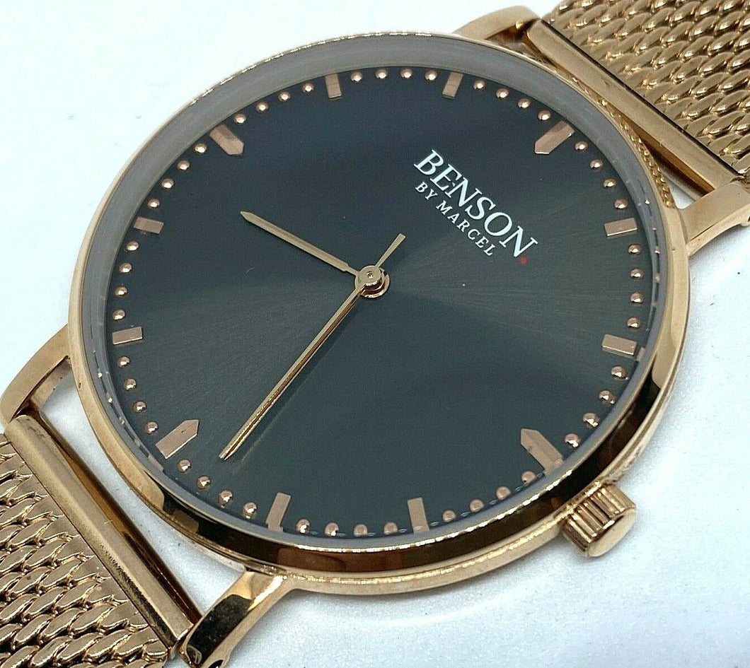 Unused Benson Marcel Men Rose Gold Mesh Swiss Analog Quartz Watch Hours~New Batt