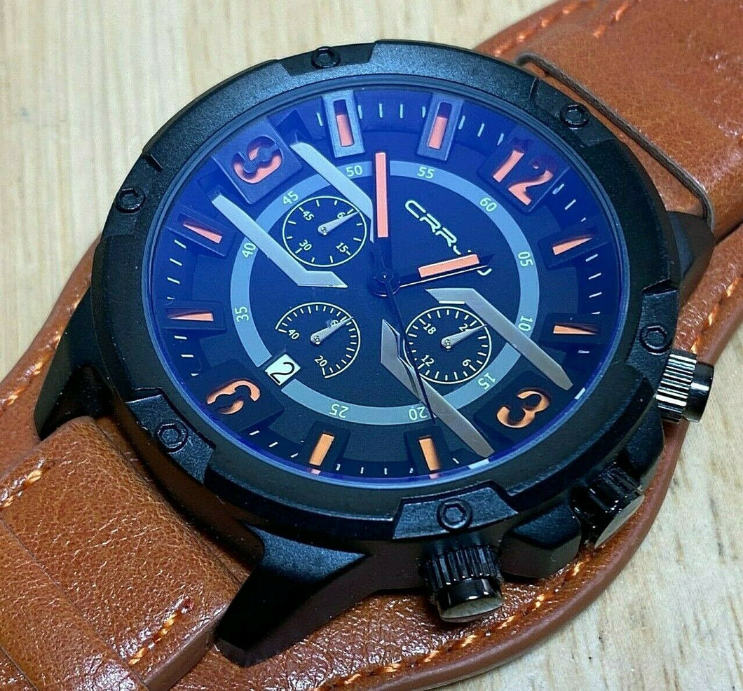 Carju Mens Black Blue Leather Analog Quartz Chronograph Watch Hour~Date~New Batt