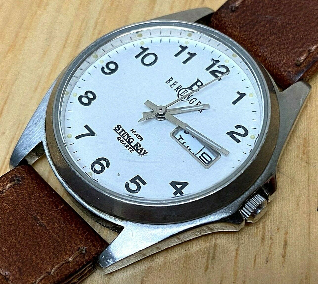 Vintage Berenger Sting Ray Men 100m Silver Analog Quartz Watch Hours~New Battery