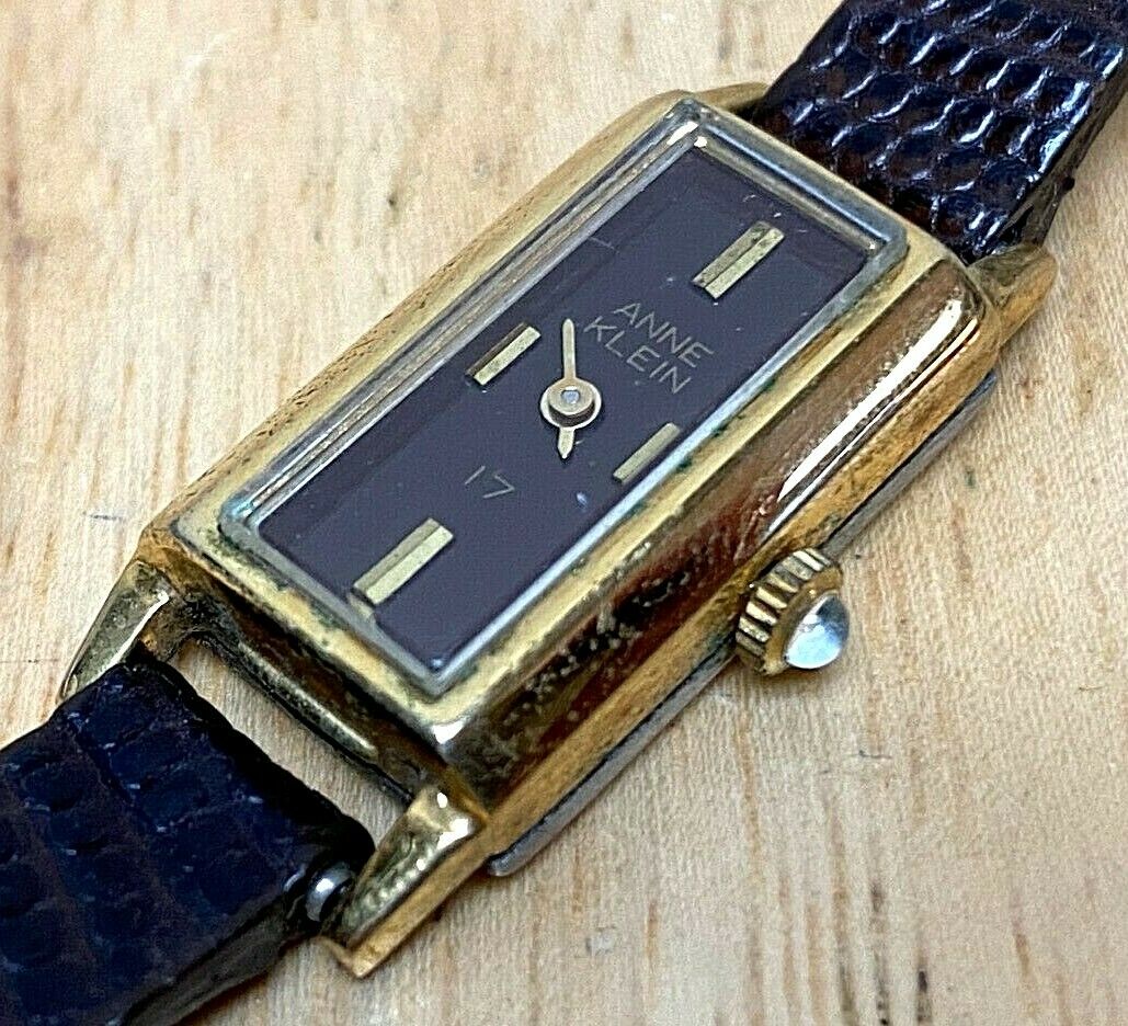 Vintage Anne Klein Lady 17J Gold Tone Rectangle Hand-Wind Mechanical Watch Hours