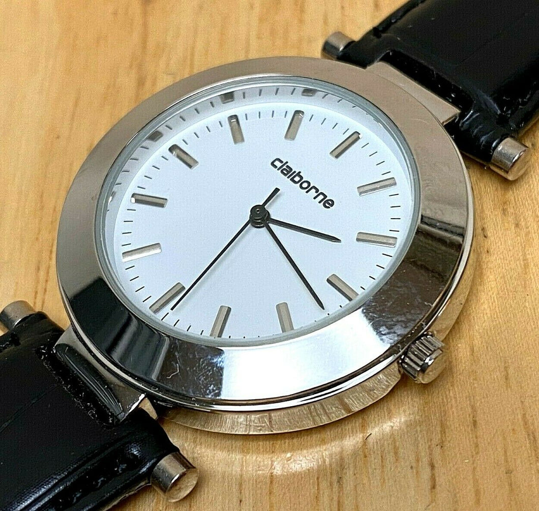 Unused Claiborne Men Lady Silver White Leather Analog Quartz Watch Hour~New Batt