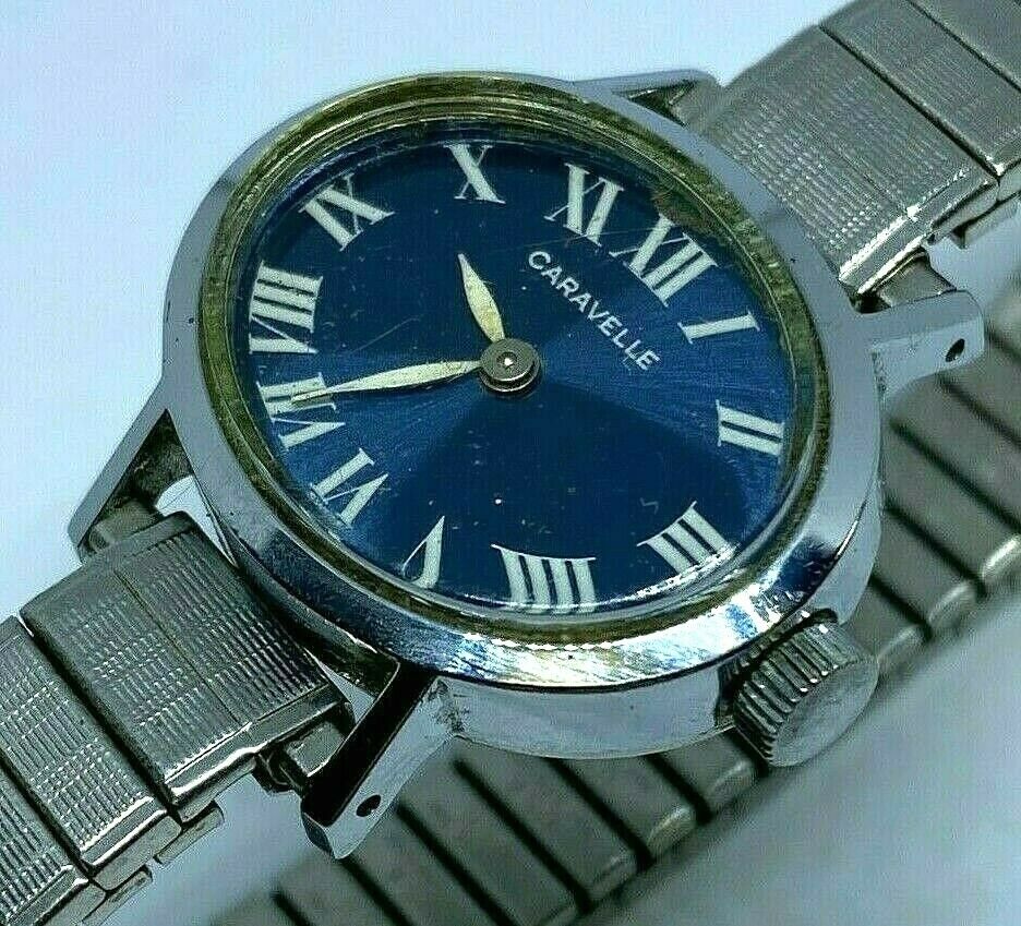 Caravelle By Bulova Lady Silver Blue Oval Swiss Hand-Wind Mechanical Watch Hours