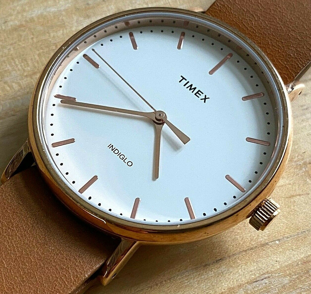 Timex Indiglo Men 30m Rose Gold White Leather Analog Quartz Watch Hours~New Batt