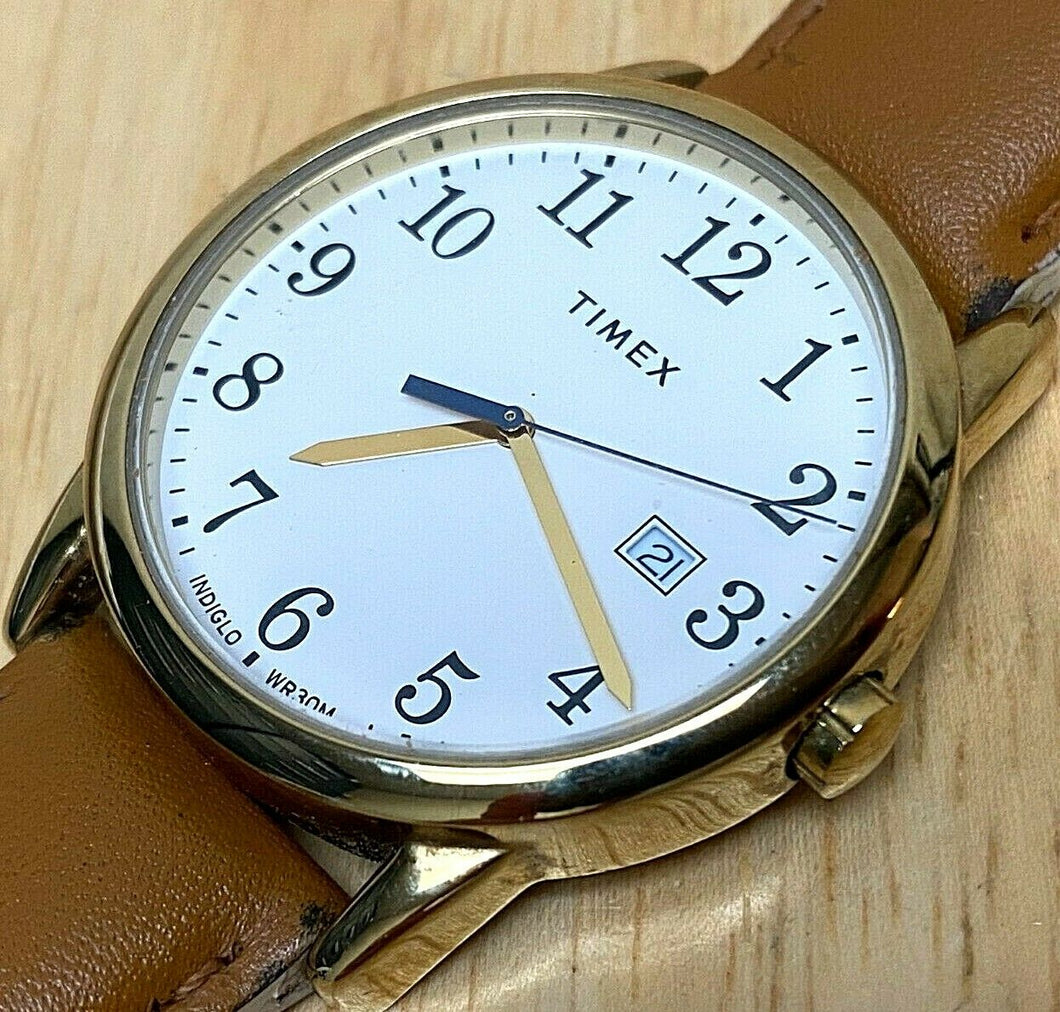 Timex Indiglo Mens Gold Tone Beige Leather Analog Quartz Watch Hours~New Battery