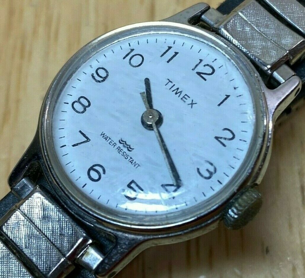 Vintage Timex Lady Classic Silver White Stretch Hand-Wind Mechanical Watch Hours