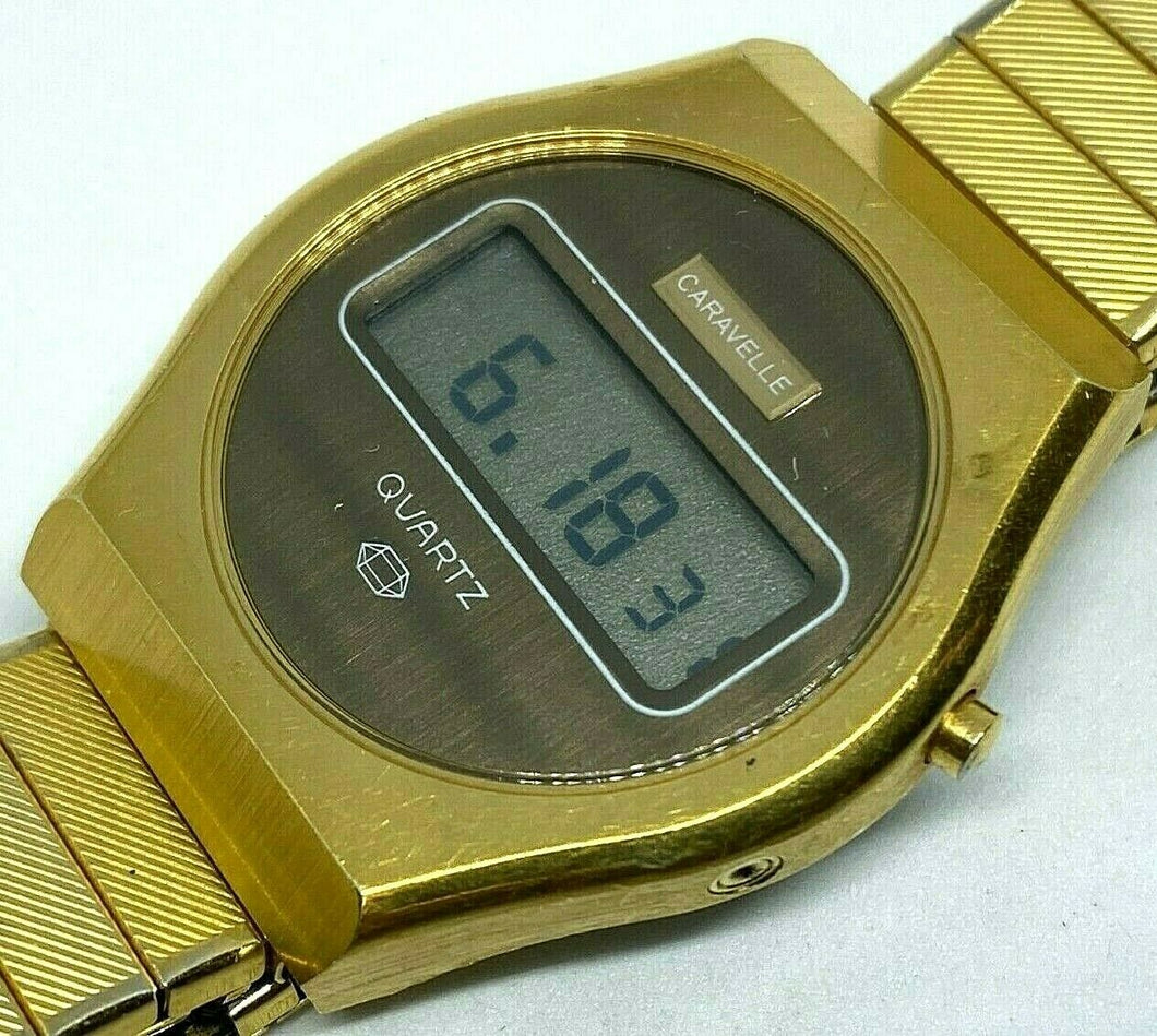 Vintage 1978 Caravelle Bulova Men Gold Tone Digital Quartz Watch Hour~New Batter