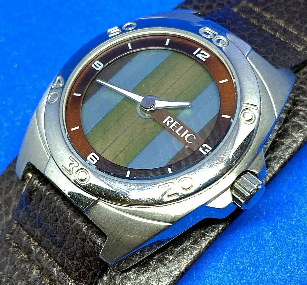 Relic Men Leather Bund Band Animated LCD Dial Analog Quartz Watch Hours~New Batt