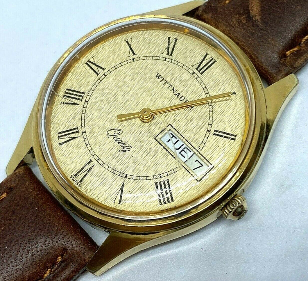 Vintage 1981 Wittnauer Men Gold Tone Swiss Analog Quartz Watch Hours~New Battery