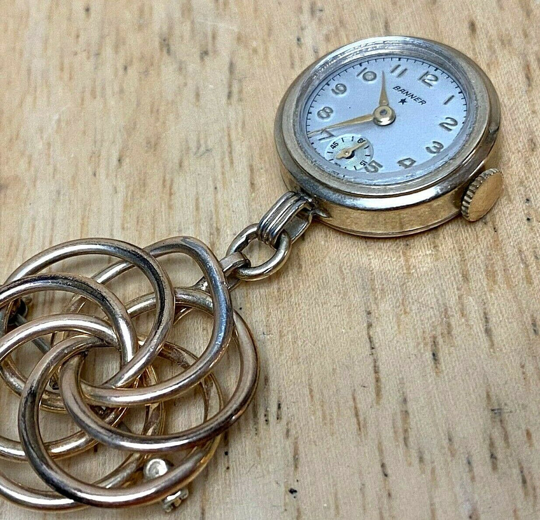 Vintage Banner 10k RGP Gold Small Second Hand-Wind Mechanical Brooch Watch Hours