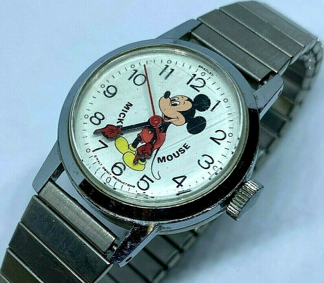 Vintage Disney Mickey Bradley Lady Silver White Hand-Wind Mechanical Watch Hours