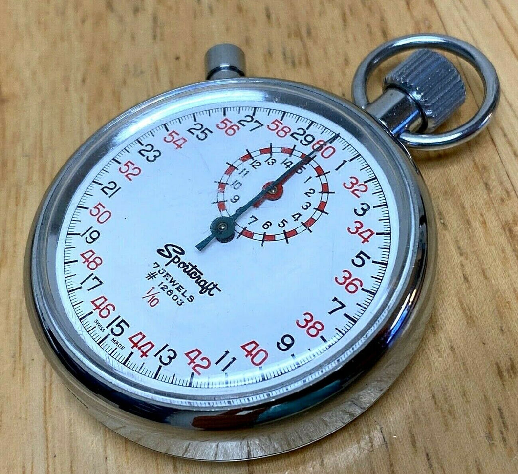 Vintage Sportcraft 7 Jewels Silver White Swiss Hand-Wind Mechanical Stopwatch