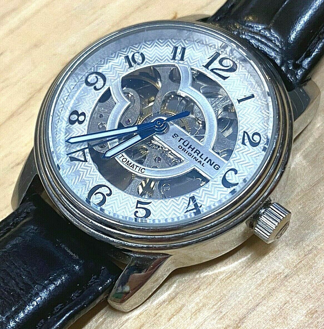 Stuhrling Men Lady 20J Silver Skeleton Leather Self-Wind Automatic Watch Hours