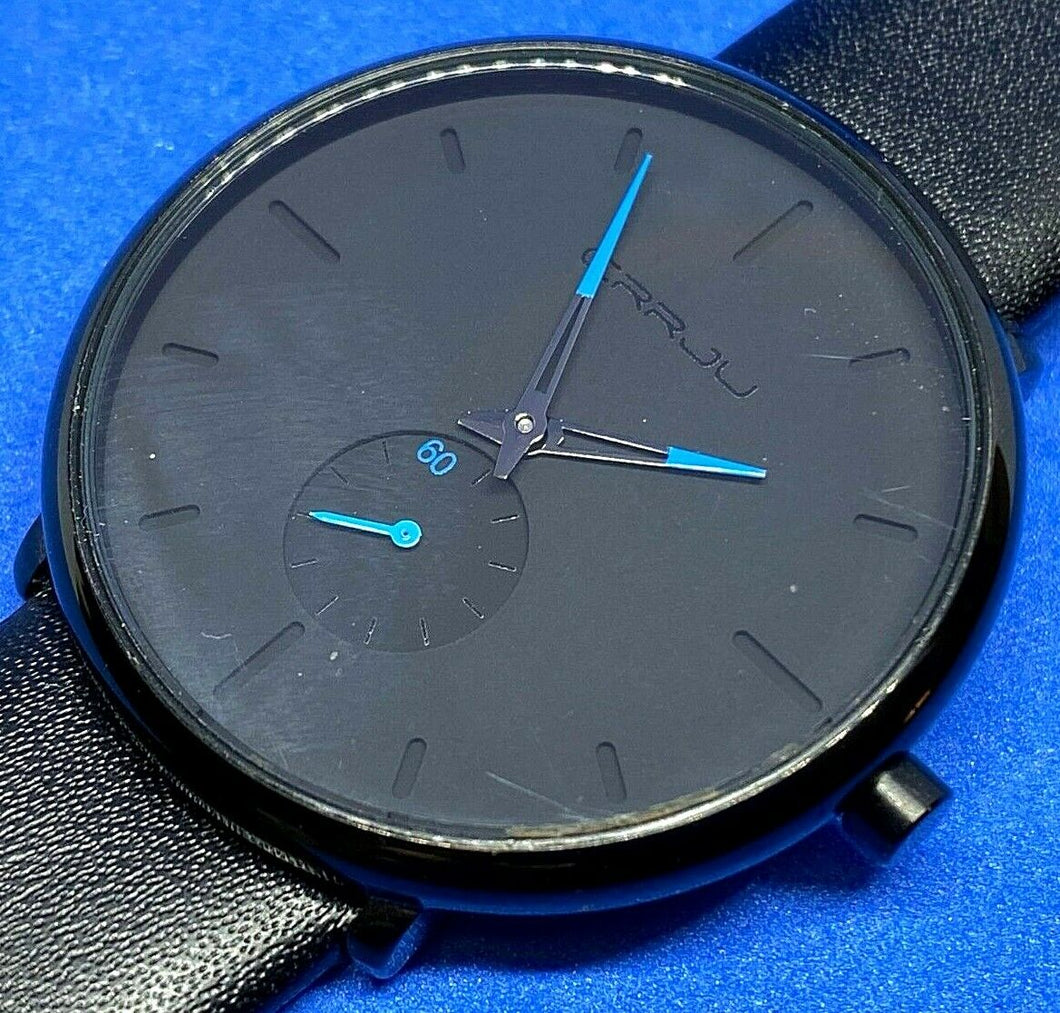 CRRJU Men Small Second All Black Leather Analog Quartz Watch Hours~New Battery