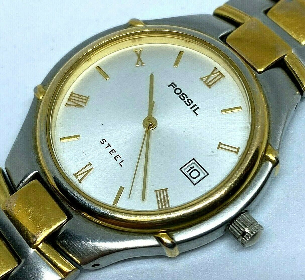 Fossil Steel FS-2700 Men 50m Dual Tone Analog Quartz Watch Hour~Date~New Battery