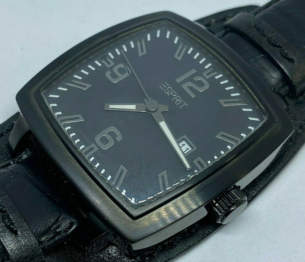 ESPRIT Men Lady Wide Leather Black Steel Barrel Analog Quartz Watch Hour~New Bat
