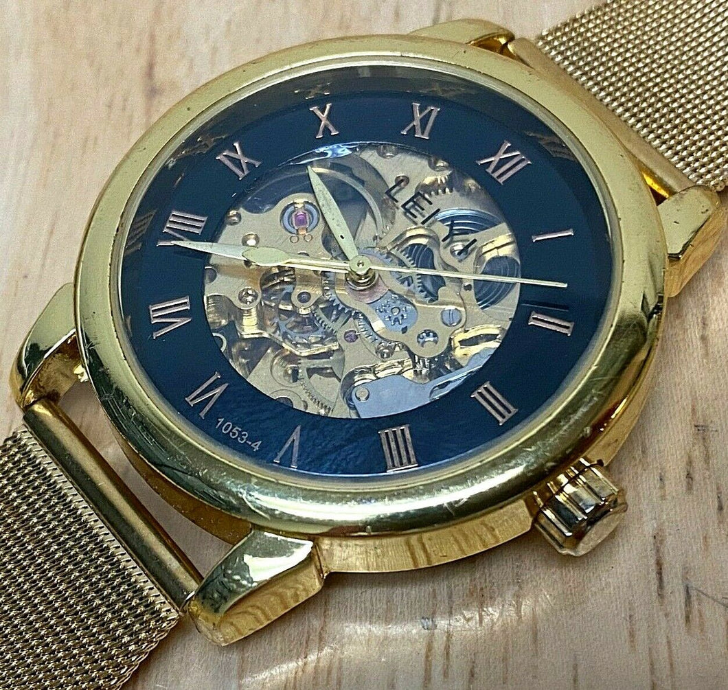 LEI YI Mens Skeleton Gold Tone Mesh Band Roman Automatic Self-Wind Watch hours