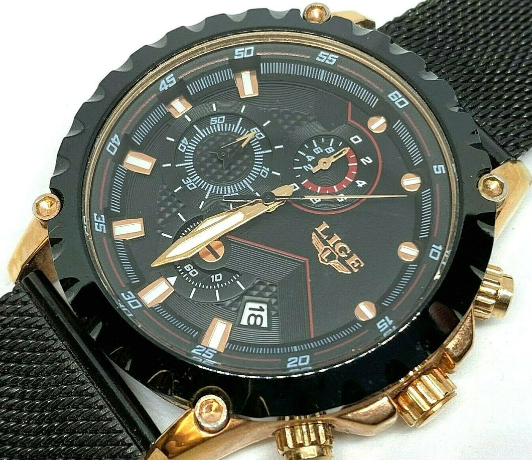 Unused Lige Men Black Mesh Analog Quartz Chronograph Watch Hour~Date~New Battery