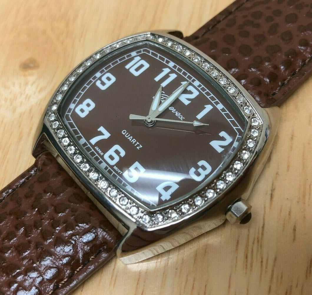 Genevax Men Silver Brown Rhinestone Barrel Analog Quartz Watch Hours~New Battery