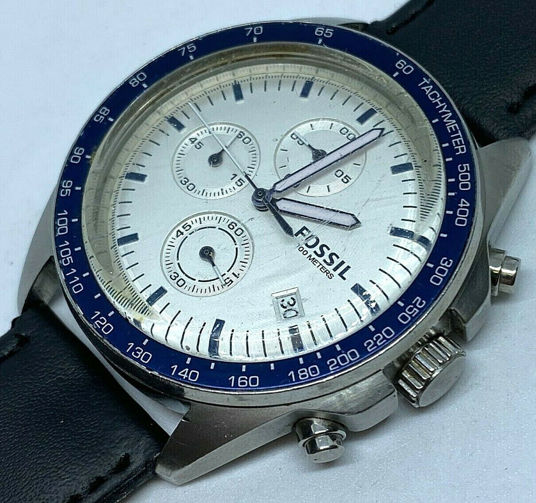 Fossil CH3028 Men 100m Silver Blue Steel Quartz Chronograph Watch Hours~New Batt