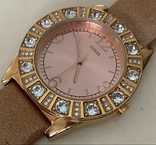 Load image into Gallery viewer, GUESS Lady Gold Tone Large Crystals Leather Analog Quartz Watch Hour~New Battery
