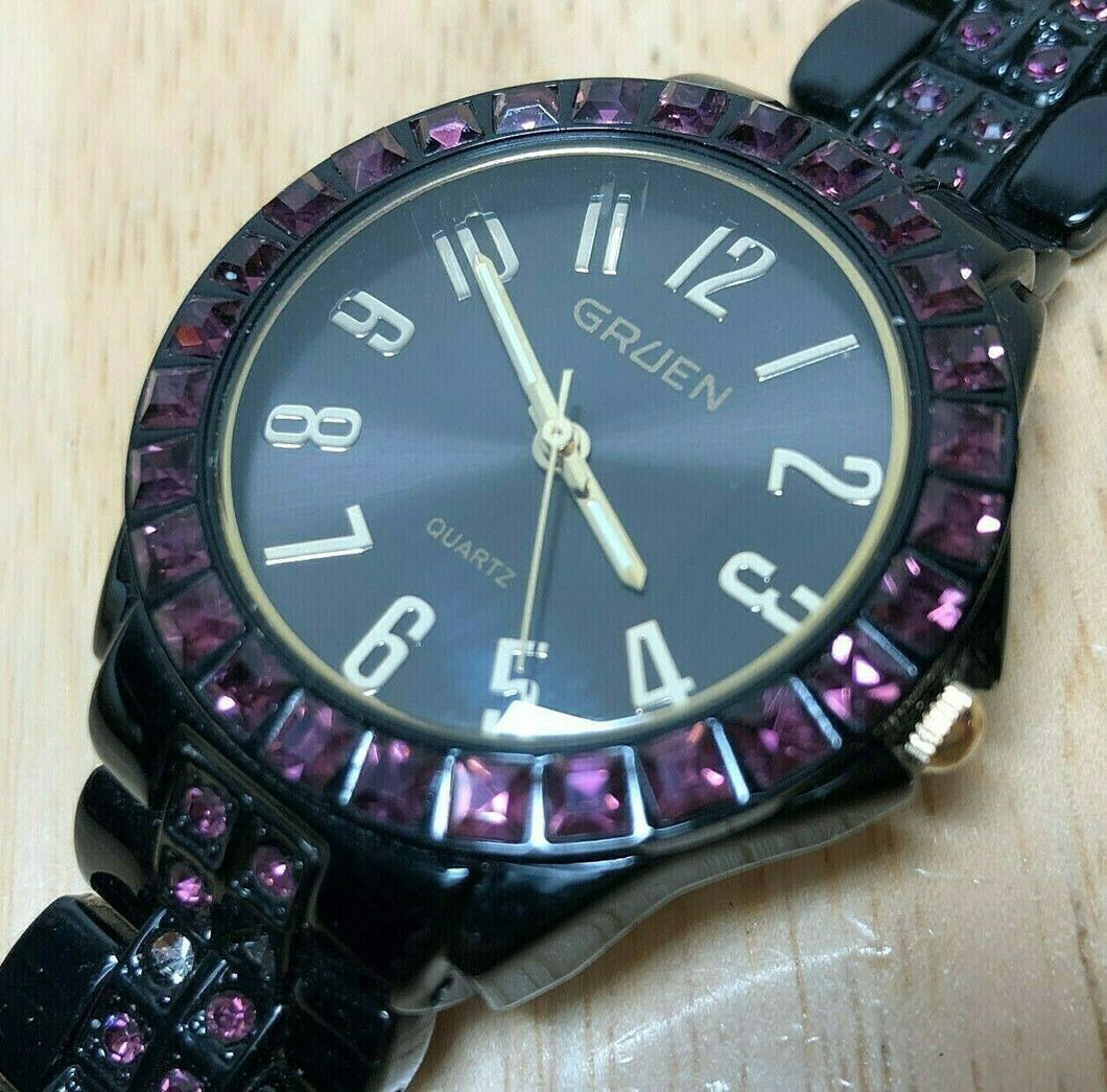 Gruen Men Lady Black Japan Movt Rhinestone Analog Quartz Watch Hour~New Battery