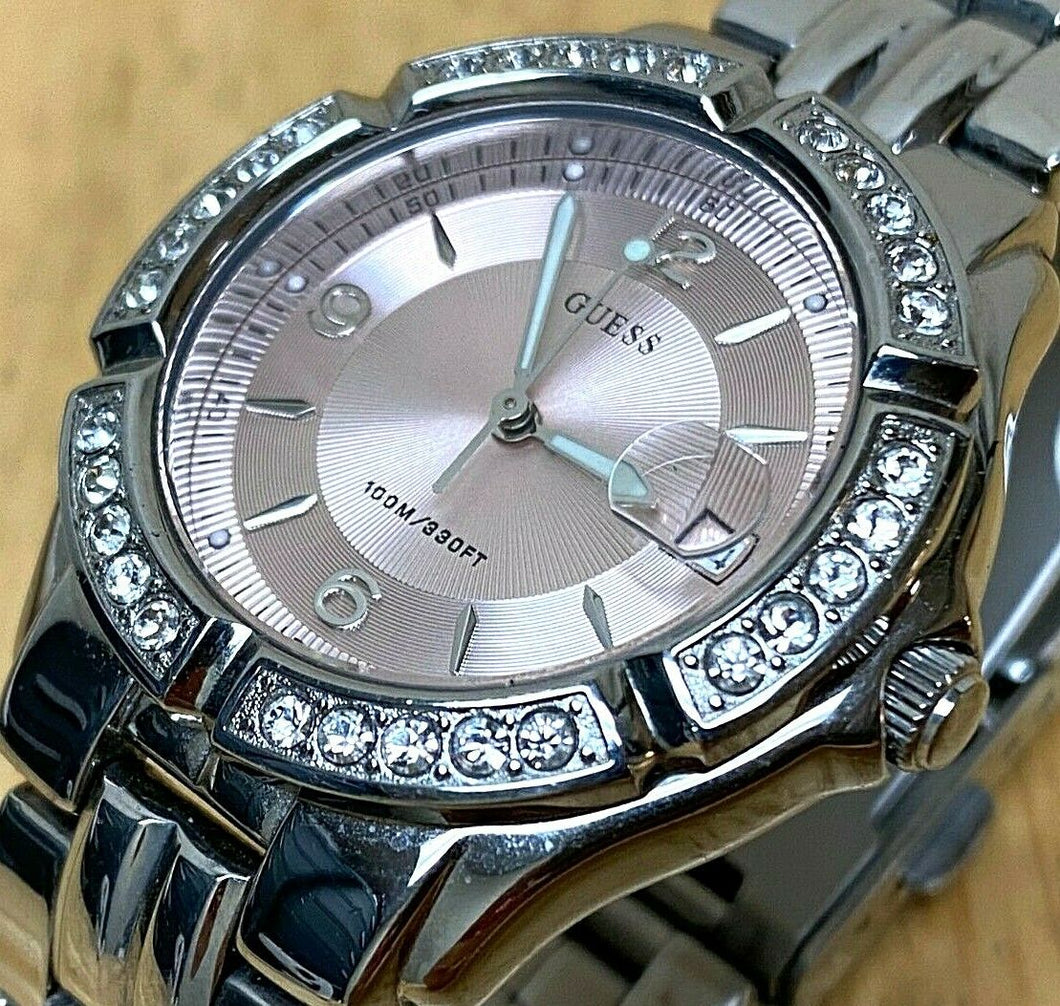GUESS Waterpro Lady 100m Pink Silver Analog Quartz Watch Hours~Date~New Battery