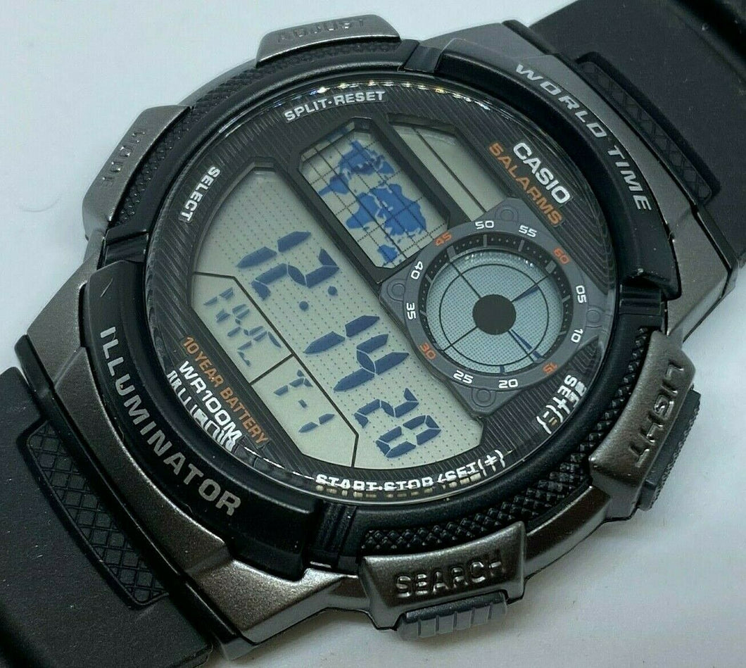 Unused Casio AE-1000W Men 100m World Time Digital Quartz Watch Hours~New Battery