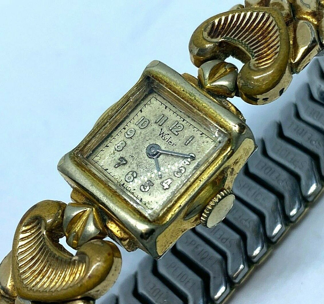 VTG Wyler Lady Gold Tone Square Stretch Swiss Hand-Wind Mechanical Watch Hours