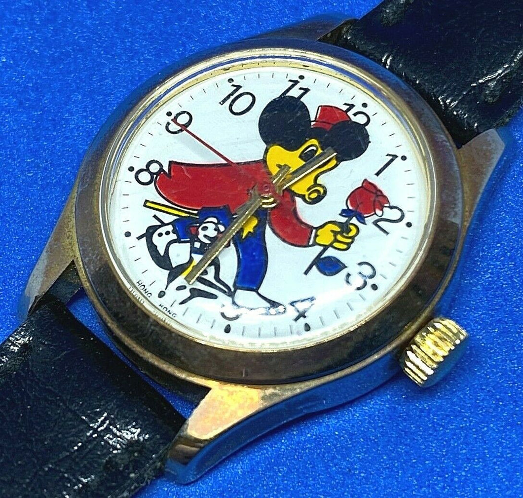 Vintage Disney Mickey With Rose Lady Gold Tone Hand-Wind Mechanical Watch Hours