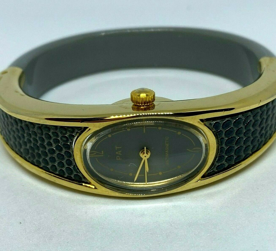 Vintage PAT Lady Gold Tone Gray Cuff Bangle Hand-Wind Up Mechanical Watch Hours