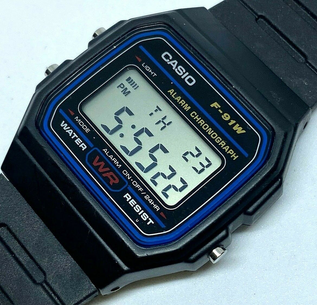 Unused Casio F-91W Mens Black Digital Alarm Chrono Quartz Watch Hour~New Battery