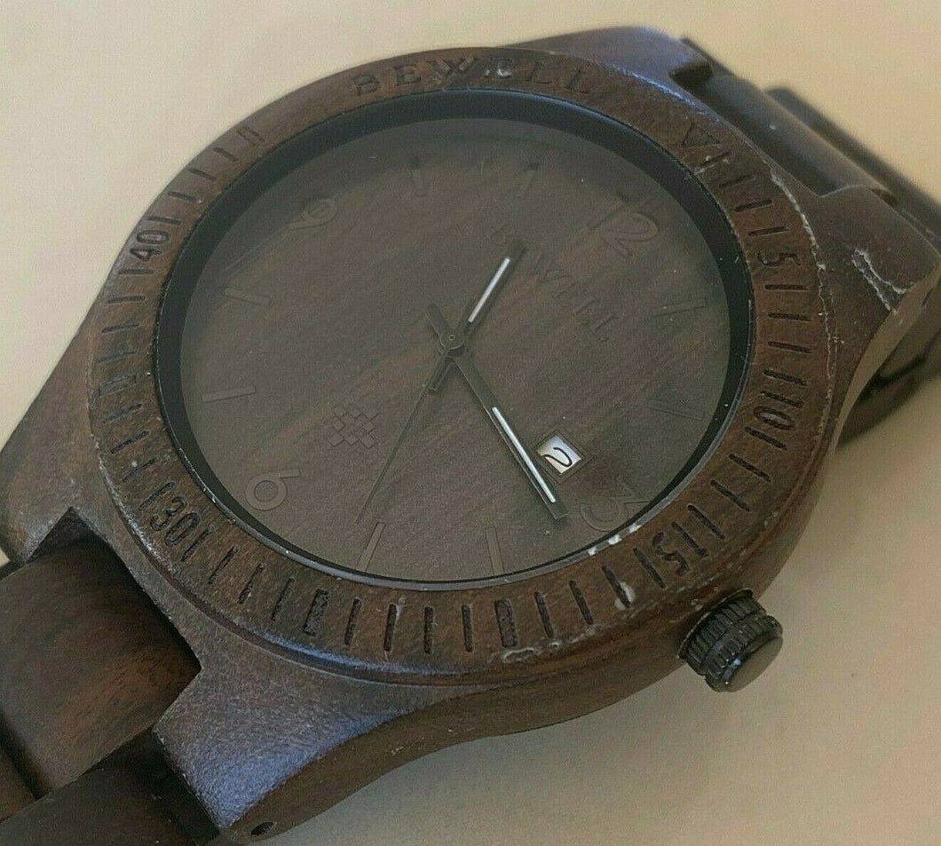 Bewell Mens All Dark Brown Solid Wood Analog Quartz Watch Hours~Date~New Battery
