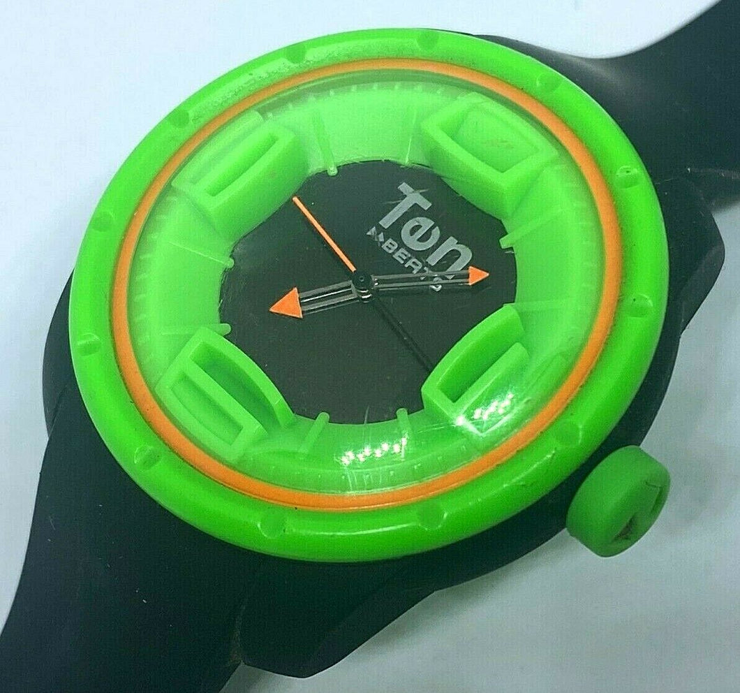 Ten Beats Men Lady 30m Green Black Rubber Analog Quartz Watch Hours~New Battery