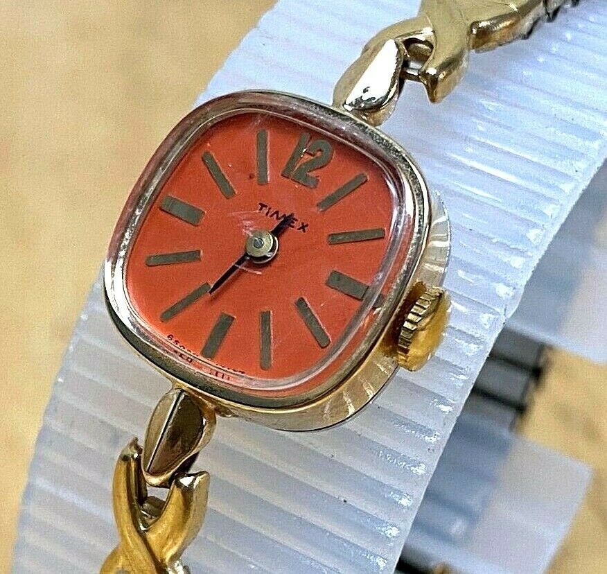 VTG Timex Lady Gold Tone Orange Dial Cocktail Hand-Wind Mechanical Watch Hours