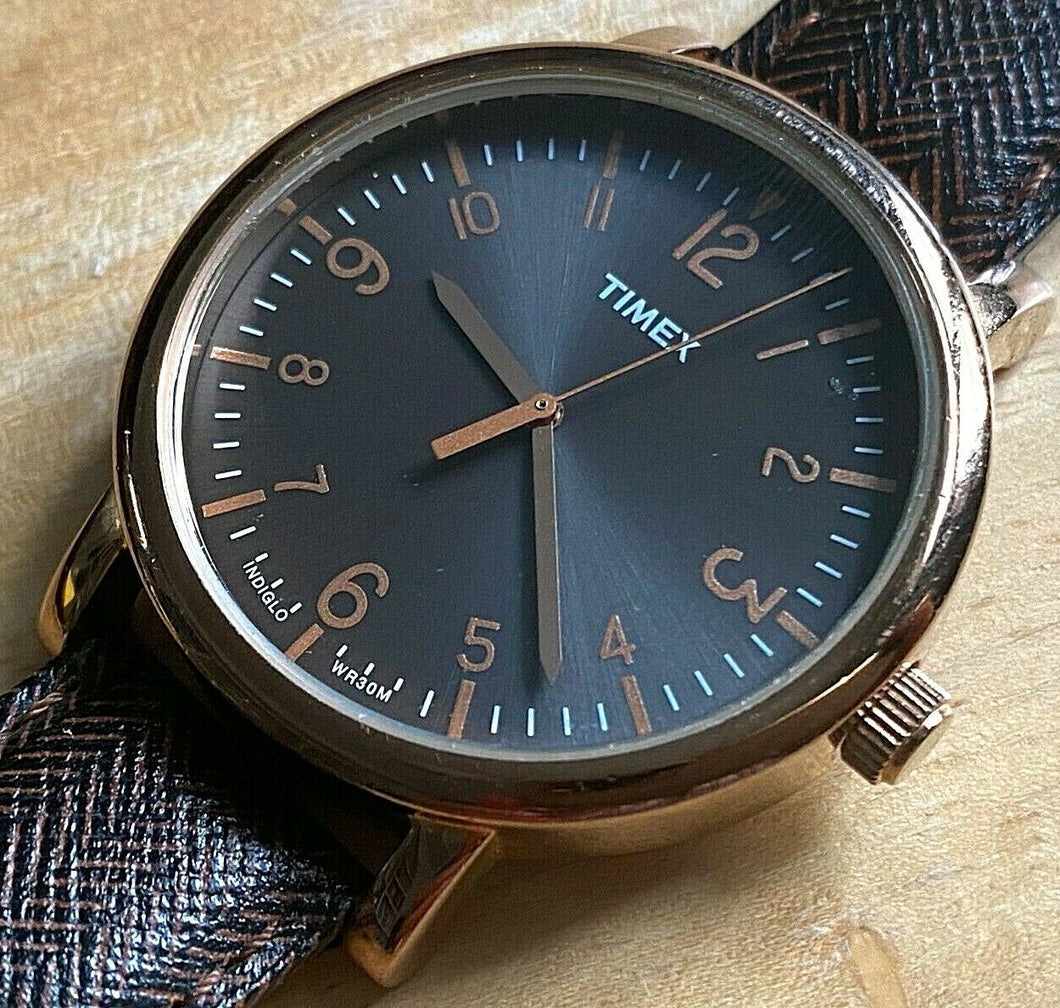 Timex Indiglo Men 30m Rose Gold Brown Leather Analog Quartz Watch Hours~New Batt