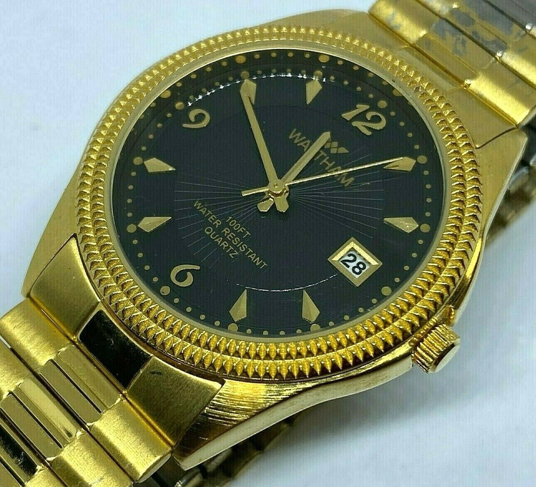 Waltham Mens 30m Gold Tone Black Dial Analog Quartz Watch Hours~Date~New Battery