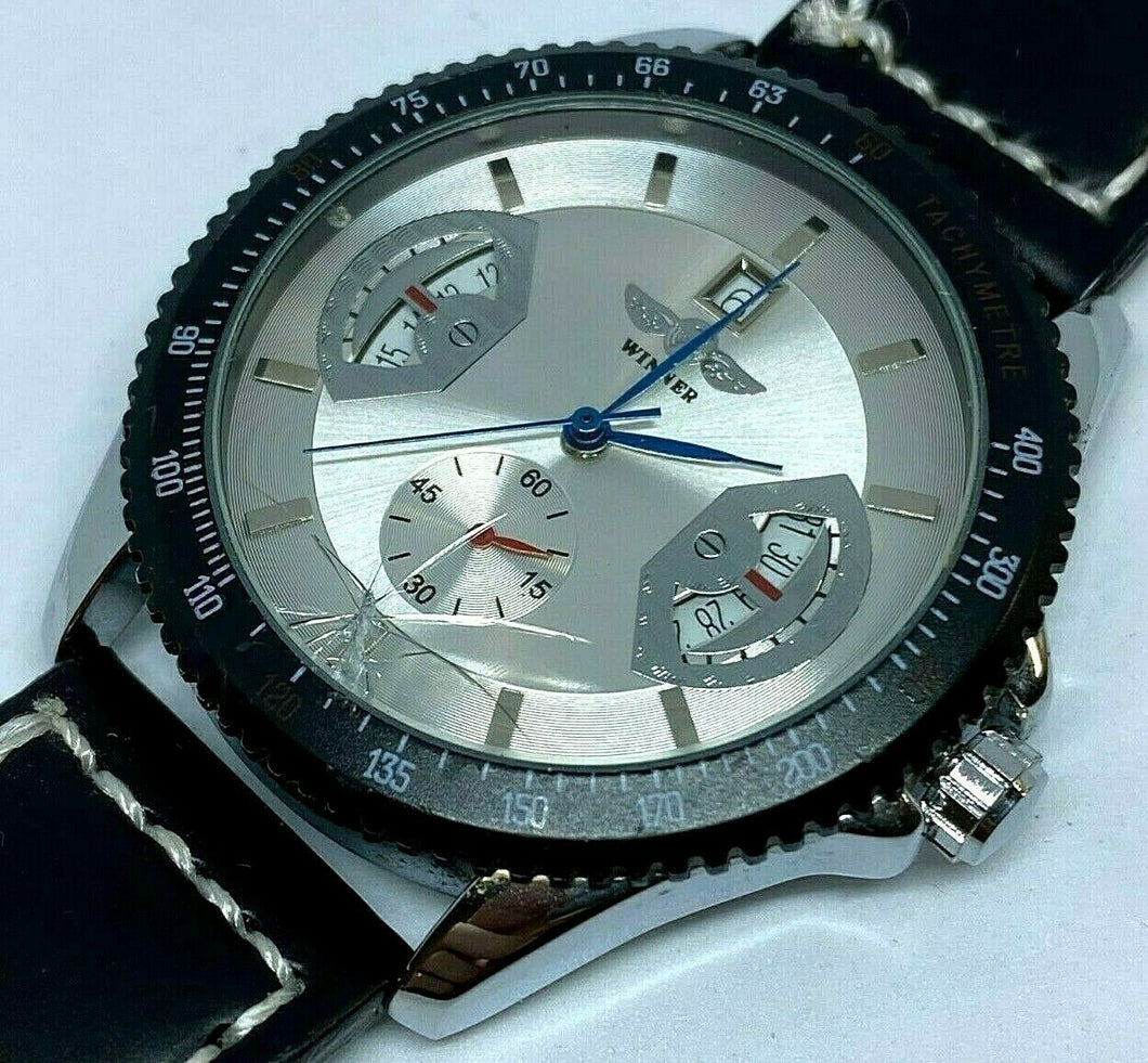 Winner U8028 Mens Silver Black Dual Seconds Self-Wind Automatic Watch Hours~Date